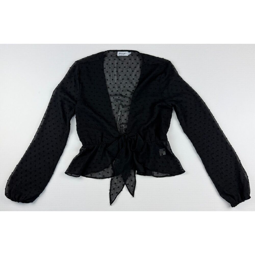 Nasty Gal Sheer Black Polka Dot Chiffon Tie-Front Wrap Top S